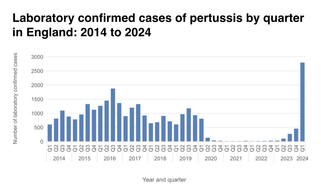 _CatintheHat's tweet photo. 🚨Lab-confirmed cases of whooping cough (pertussis) are at the highest levels in over a decade.
8 babies have tragically died from the disease so far this year.
Of the 4,793 lab-confirmed cases between Jan-Apr 2024:
▪️51.2% were aged 15 years+
▪️26.3% were aged 10-14 years https://t.co/No6DJLtKOJ