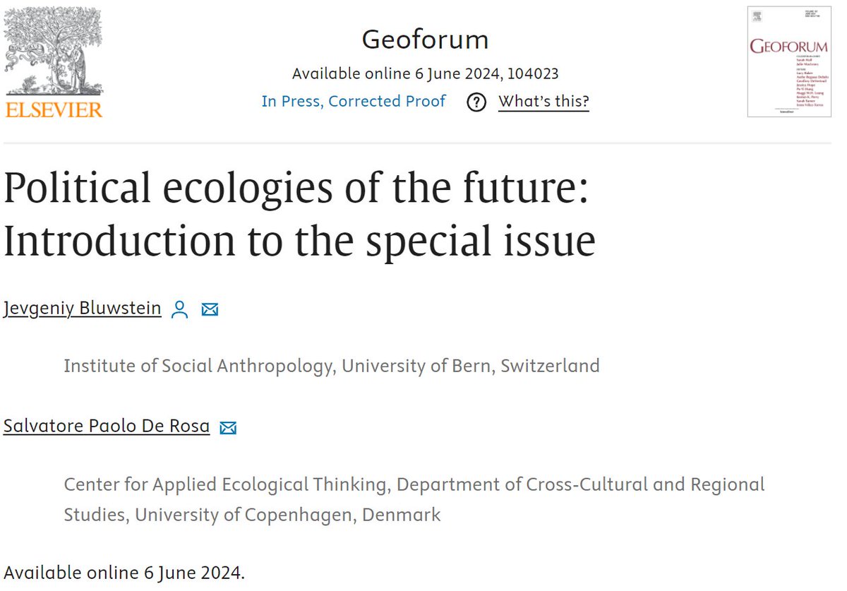 Right on time for #Pollen24, <a href="/Sal_DeRosa/">Salvatore De Rosa</a> &amp; I are excited to share our SI Intro on „Political Ecologies of the Future“, out w Geoforum, with 6 fantastic contributions
sciencedirect.com/science/articl…