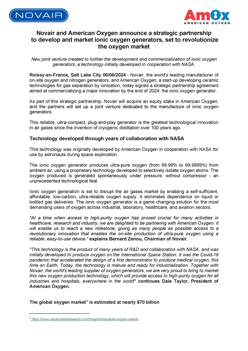 NovairFr's tweet photo. 👉 @Novair and @AmOxUS announce a strategic partnership to develop and market ionic oxygen generators, set to revolutionize the oxygen market.
#novairoxygenatetheworld #AmericanOxygen #strategicpartnership #oxygen #innovation #ionicoxygengenerators https://t.co/d71sBUCaVI