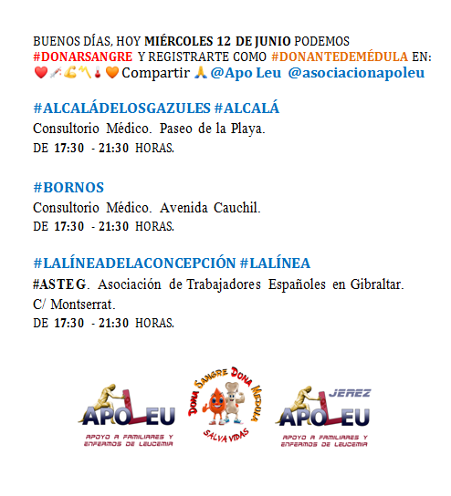 ApoLeuJerez's tweet photo. MIÉRCOLES 12 DE JUNIO PUEDE #DONARSANGRE Y REGISTRARSE COMO #DONANTEDEMÉDULA
@ApoLeu EN ❤️💉💪〽️🌡🧡 RT🙏

#BORNOS #COTODEBORNOS
@AytoBornos @guadabornos @reylabert @CrisPasReal @IUBornos @carolina_gemela @noemi_palomares @Cristinagemely

#DONASANGRE #DONAMÉDULA #SALVAVIDAS https://t.co/9Q16jAoIHv