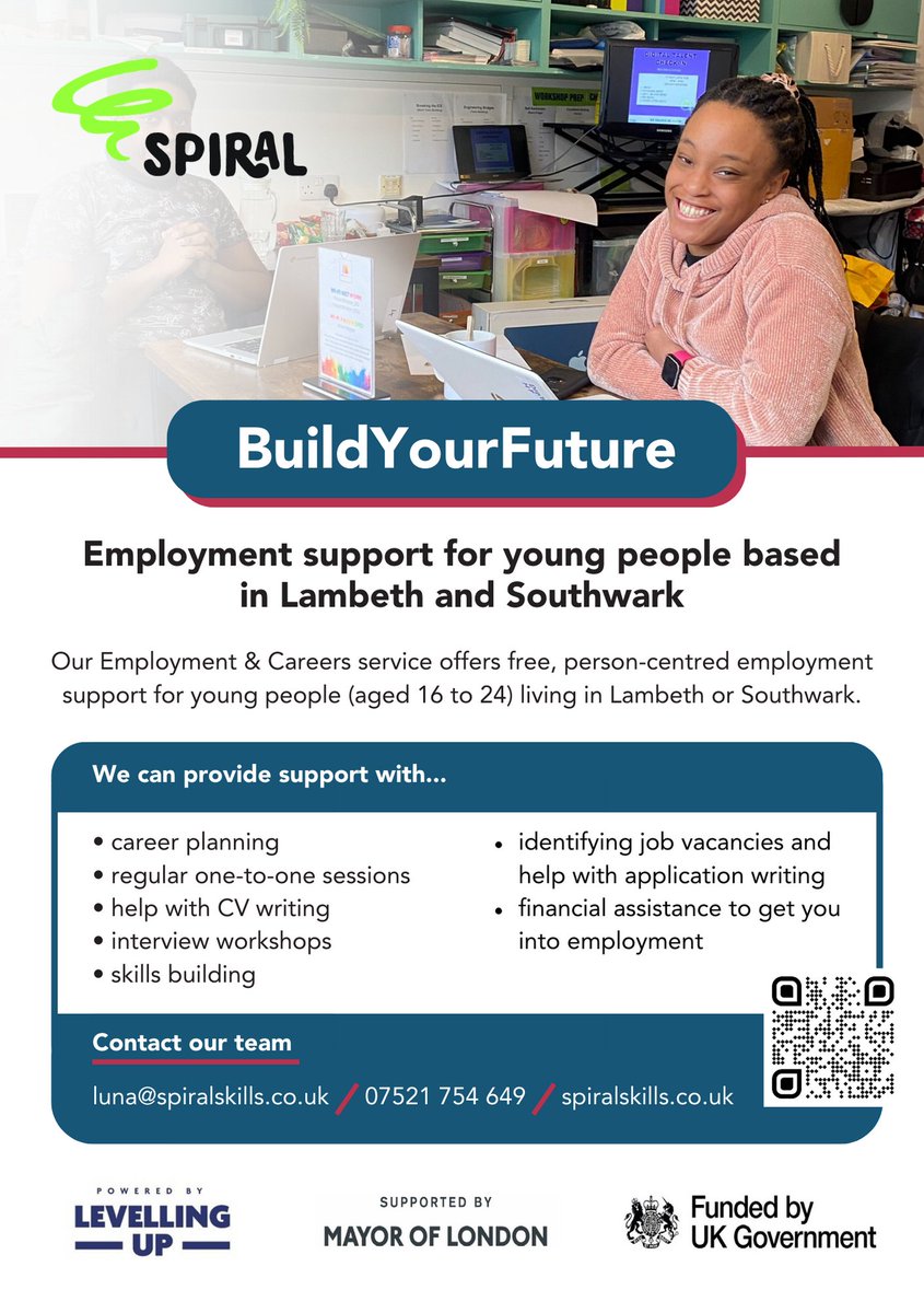 Spiralskills's tweet photo. 🌟 Calling all 16-24-year-olds in #Lambeth &amp; #Southwark!

Are you unemployed or unsure about your next step? We're here to help with personalised employment support - completely free.

Reach out today! 🔗 in bio

#UKSPF #FutureLeaders #BuildYourFuture #OpportunitiesForAll https://t.co/0epsncdknq
