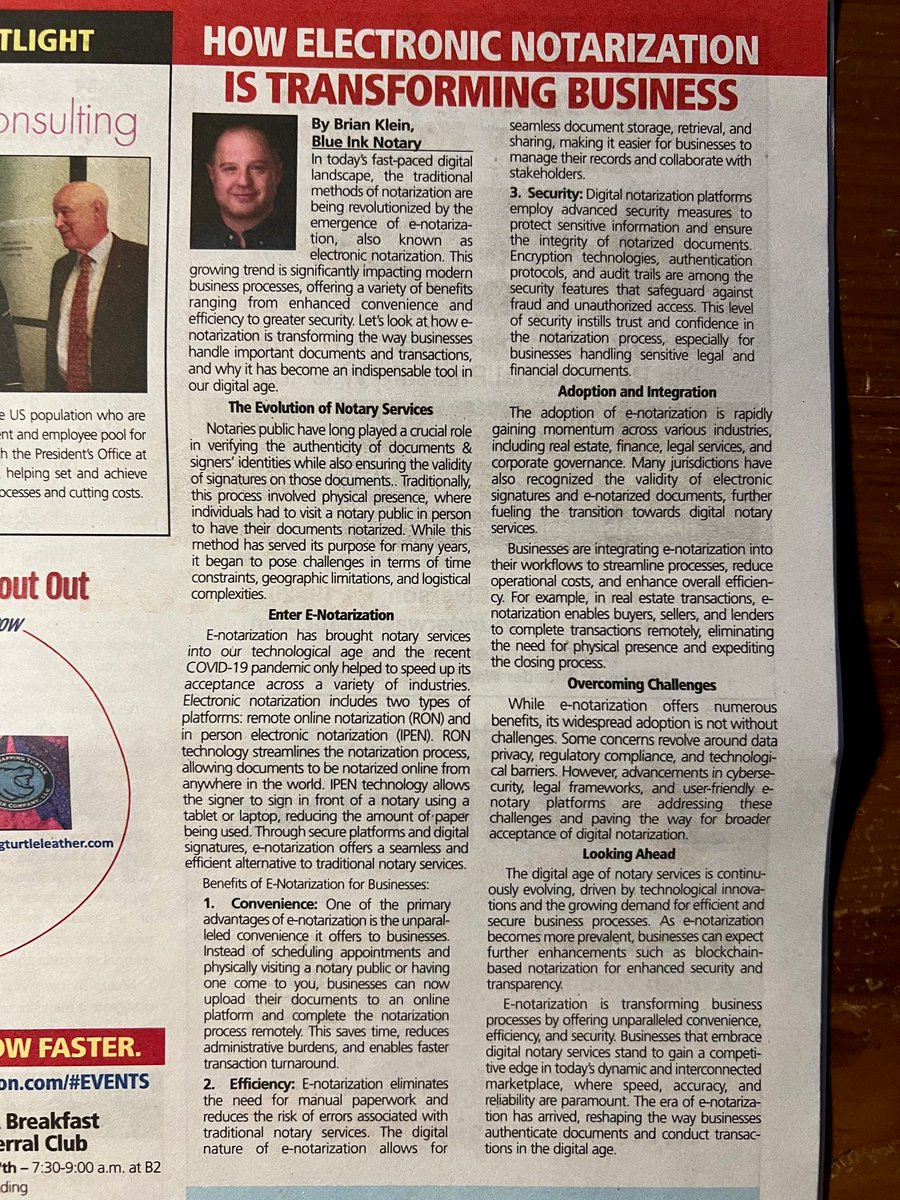 BlueInkNotaryPA's tweet image. My article on electronic notarization in the workplace is in this month&apos;s issue of the Route 422 Business Advisor!

#onlinenotary #enotary #electronicnotarization #RON #onlinenotarization #IPEN #inpersonelectronicnotarization