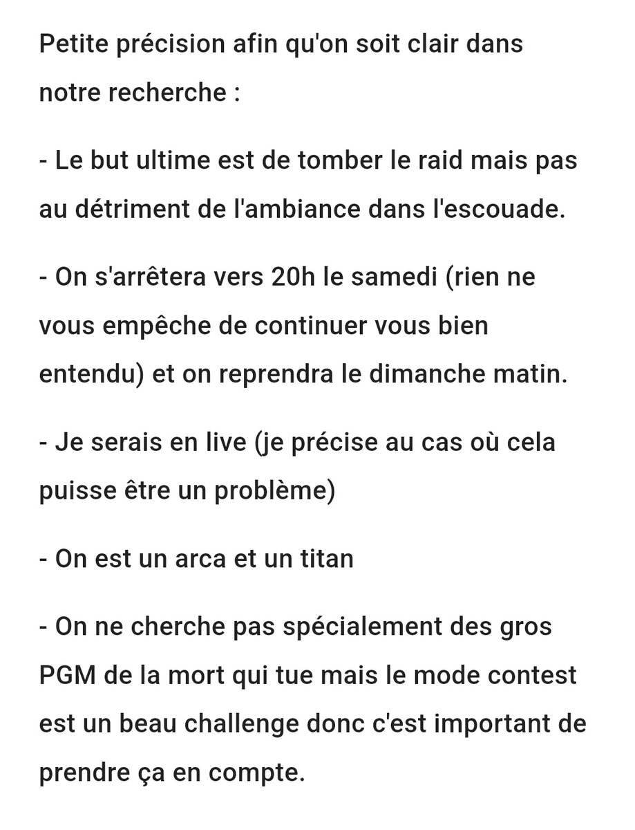 Yo les bg ! 
On est deux à vouloir tenter le mode contest du raid à partir de samedi matin vers 9h 
Pour plus de précisions je vous laisse lire 👇🏻
Si vous êtes intéressé, envoyez-moi un dm twitter ou sur discord 
Merci à ceux qui partageront !
Amusez vous bien 😘