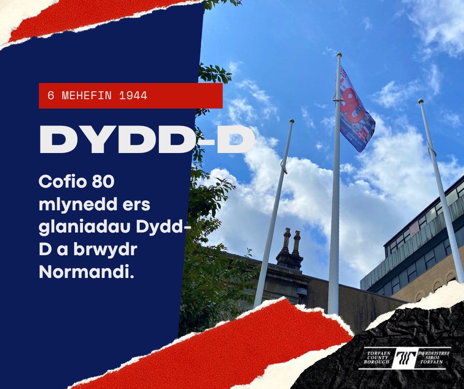 Heddiw, rydym ni wedi codi baner heddwch Dydd D 80 y tu allan i Ganolfan Ddinesig Pont-y-pŵl, a byddwn yn goleuo’r adeilad yn las heno i gofio 80 mlynedd ers Dydd D.

Gadewch i ni gofio'r rheiny a roddodd eu heddiw dros yfory pawb.

#Cofiwn