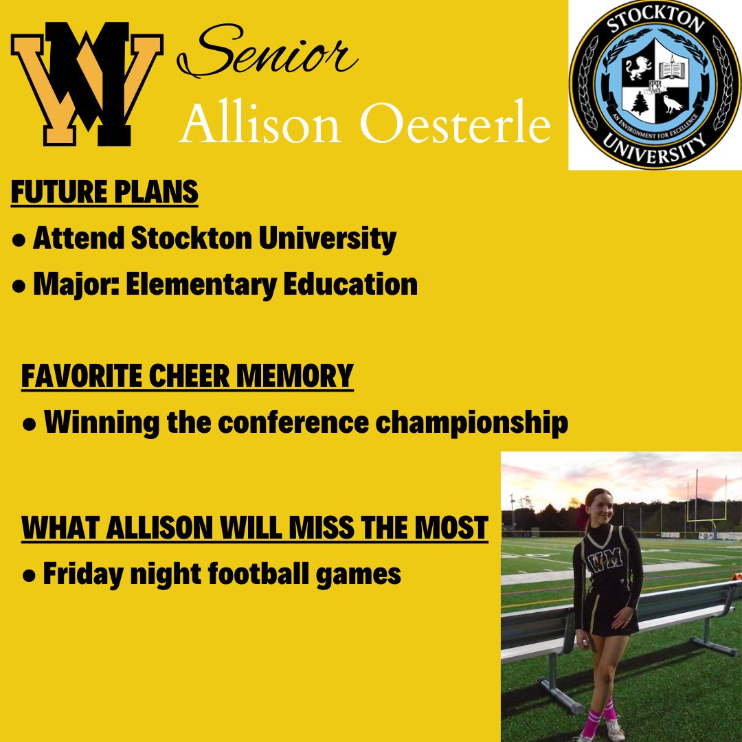 WM_Cheer's tweet image. ⭐️Senior Spotlight⭐️ Allison Oesterle🖤🎀💛 Congratulations Allie and good luck with your future! Thank you for your years of dedication to the WMHS Cheer Program!