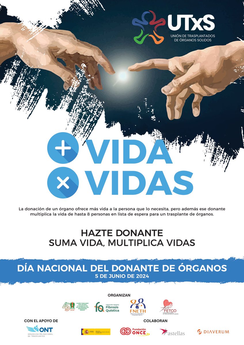 fedispa's tweet photo. Nuestros socios @Alcer_Palencia
La donación de 1 órgano ofrece más vida, pero además ese donante multiplica la vida de hasta 8 personas en lista de espera para un trasplante de órganos
HAZTE DONANTE
SUMA VIDA MULTIPLICA VIDAS
DÍA NACIONAL DEL DONANTE DE ÓRGANOS
5 DE JUNIO DE 2024 https://t.co/CCxRRRw3yP