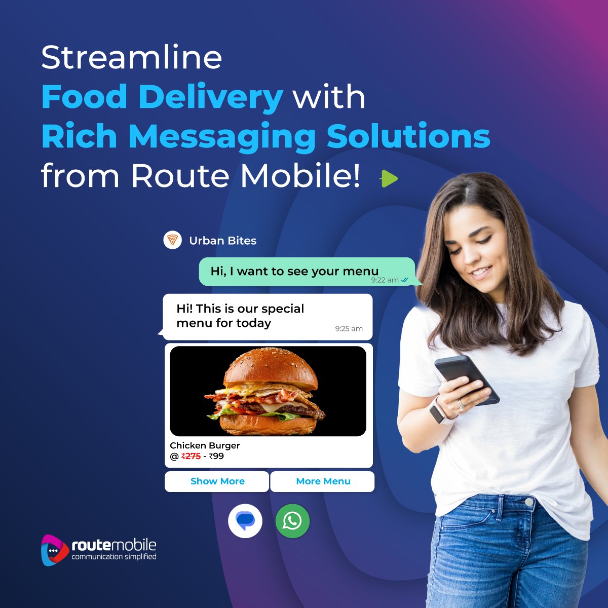 routemobile's tweet photo. With our new-gen #CPaaS solution, you can harness the power of #RichMessaging technology to streamline your #FoodDelivery service 🍔🛵, allowing customers to place orders effortlessly via messages. 

#RouteMobile #FoodIndustry #CX https://t.co/eoYVqhwOKI