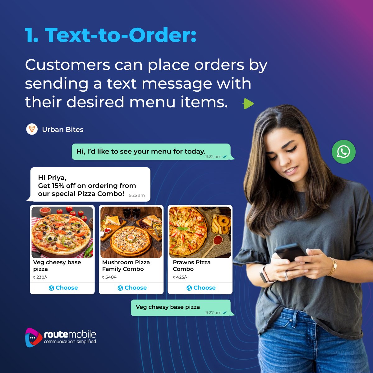 routemobile's tweet photo. With our new-gen #CPaaS solution, you can harness the power of #RichMessaging technology to streamline your #FoodDelivery service 🍔🛵, allowing customers to place orders effortlessly via messages. 

#RouteMobile #FoodIndustry #CX https://t.co/eoYVqhwOKI