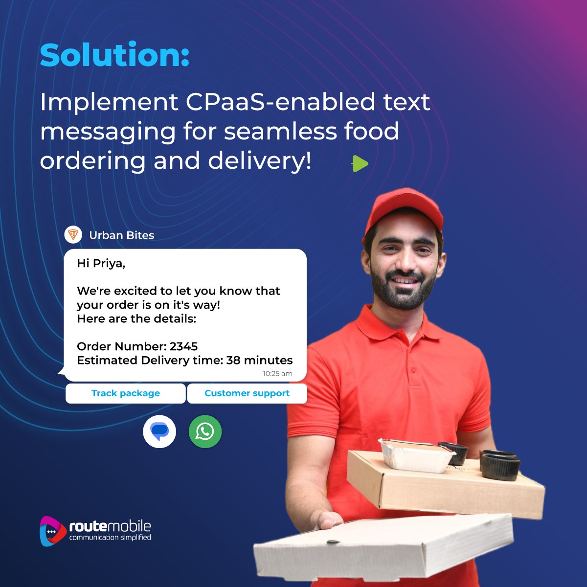 routemobile's tweet photo. With our new-gen #CPaaS solution, you can harness the power of #RichMessaging technology to streamline your #FoodDelivery service 🍔🛵, allowing customers to place orders effortlessly via messages. 

#RouteMobile #FoodIndustry #CX https://t.co/eoYVqhwOKI