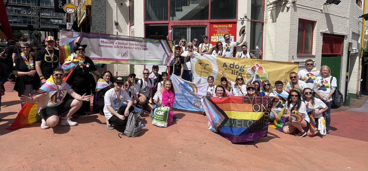 A group of our employees and volunteers attended <a href="/BirminghamPride/">Birmingham Pride</a> a couple of weeks ago and walked with <a href="/DogsTrust/">Dogs Trust 💛🐶</a> and <a href="/The_Blue_Cross/">Blue Cross UK</a>! Many others will be celebrating and representing Cats Protection at events this #PrideMonth. We’re here for every cat and every cat owner.