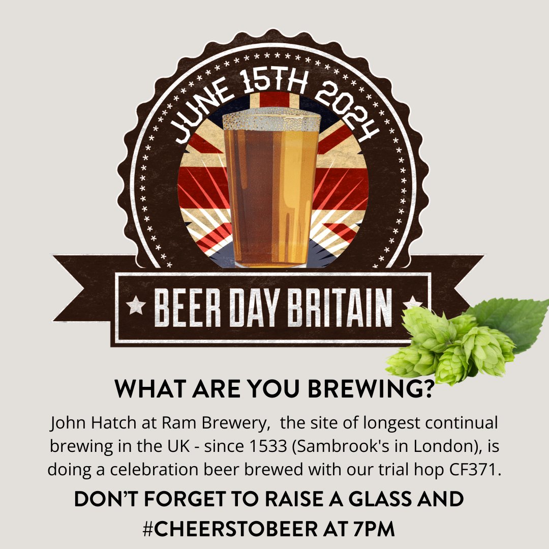 🍻 Getting Ready for Beer Day Britain! 🍺✨
In just over a week, we'll celebrate Britain's beloved brews and the rich tradition of British beer. John Hatch at Ram Brewery, is brewing a celebration beer with our trial hop CF371.
What brews are you getting ready for next