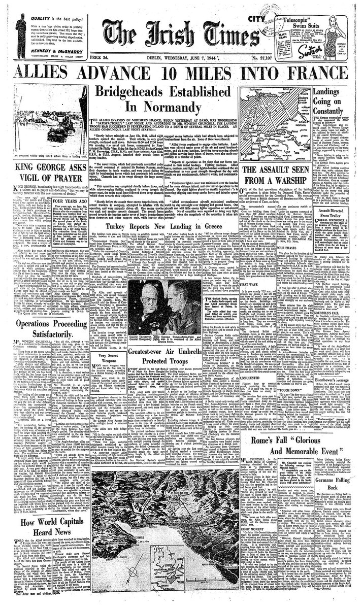 ITLostLeads's tweet image. June 7th, 1944: The Irish Times front page the morning after D-Day, featuring the initial reports from the Allied landings at Normandy 80 years ago. 👇