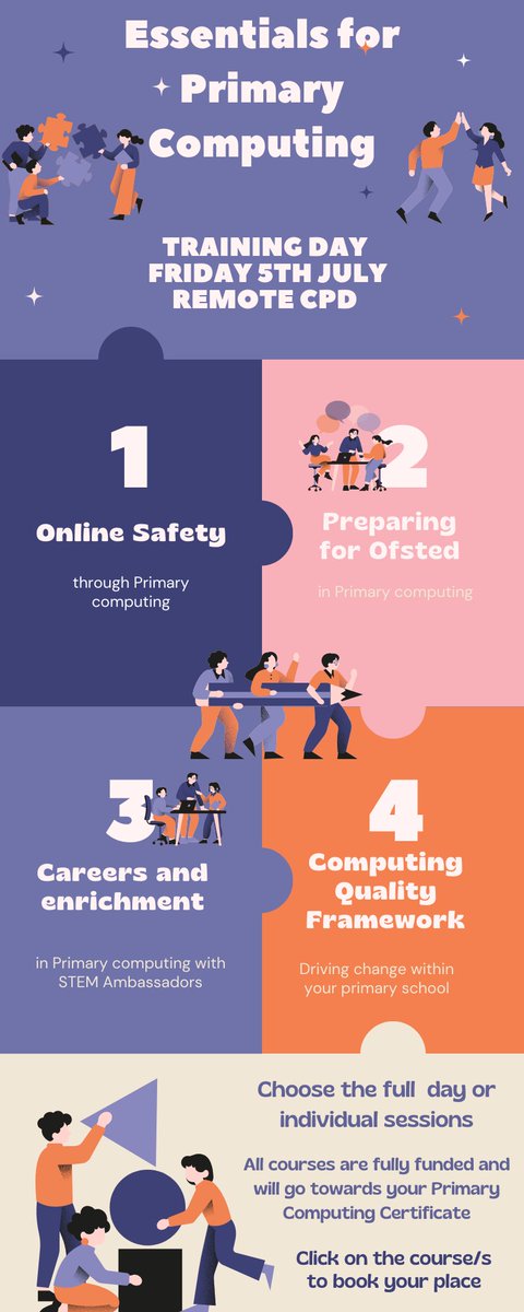 👋Essentials for Primary Computing Day 5th July

 Book your remote sessions👇

⭐️Online Safety bit.ly/3QrqEC9
⭐️Ofsted bit.ly/49Zkz6L
⭐️Careers bit.ly/3UDKk8i
⭐️Careers bit.ly/3UDKk8i

All fully funded &amp; count towards your certificate 🎉

#NCCE