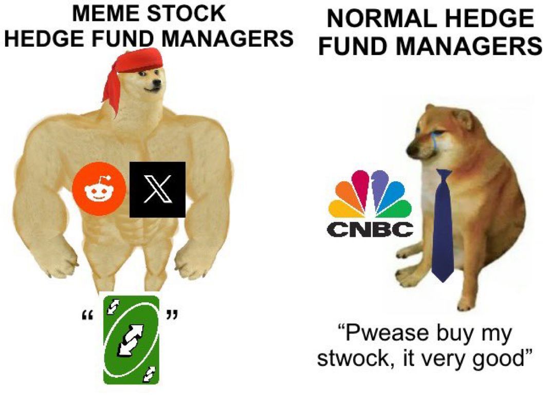 KVZeroOne's tweet photo. Meme Stock Managers Flex While Traditional Hedgies Beg! https://t.co/L4koZTwX5u