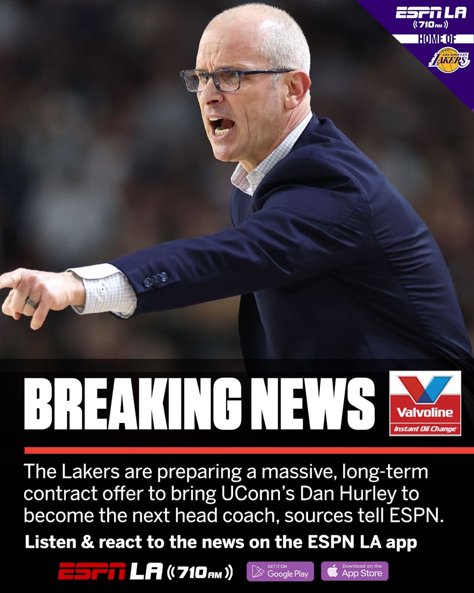 BREAKING: The Lakers are targeting back-to-back national champion Dan Hurley to be the franchise's next head coach, via <a href="/wojespn/">Adrian Wojnarowski</a>.

MORE: es.pn/3yP34ct