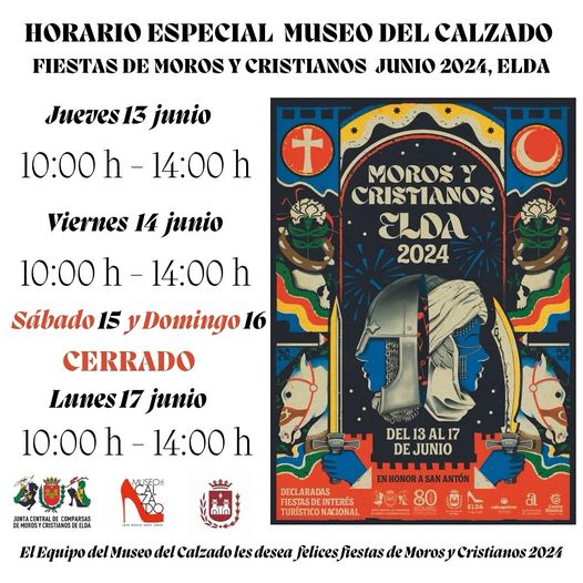 Este año, el Museo del Calzado tendrá un horario especial para que no pierdas la posibilidad de visitarlo durante estas fiestas tan emblemáticas de Elda. 🌙⚔️🎉
 
¡Te esperamos con los brazos abiertos en el Museo del Calzado! 👠✨

#Elda #MuseoDelCalzado | #AyuntamientoDeElda