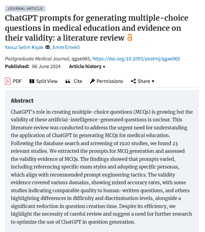 MedEdFlamingo's tweet image. Published today and it&apos;s #openaccess!

It provides all #ChatGPT prompts in the literature for generating MCQs
&amp;amp;
summarizes #validity evidence of the ChatGPT-generated MCQs.

This is the most up-to-date source for medical educators. Share!

Free access: academic.oup.com/pmj/advance-ar…