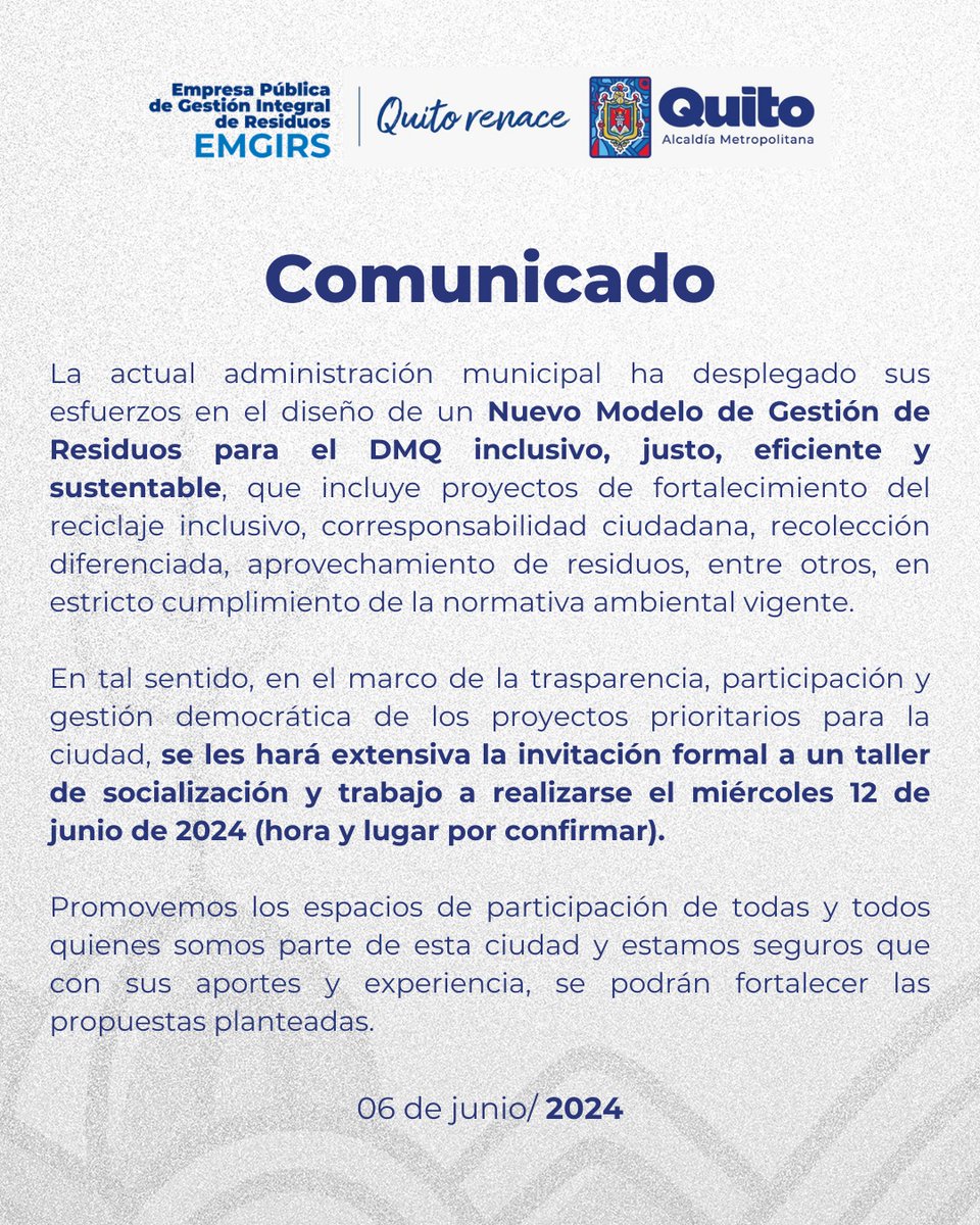 EMGIRSEP's tweet photo. 🗞 👷‍♂️#EmgirsInforma | Estimadas/os vecinas/os, colectivos y organizaciones de la sociedad civil.

Con tu participación, #QuitoRenace https://t.co/zmLFhyZ7Zl