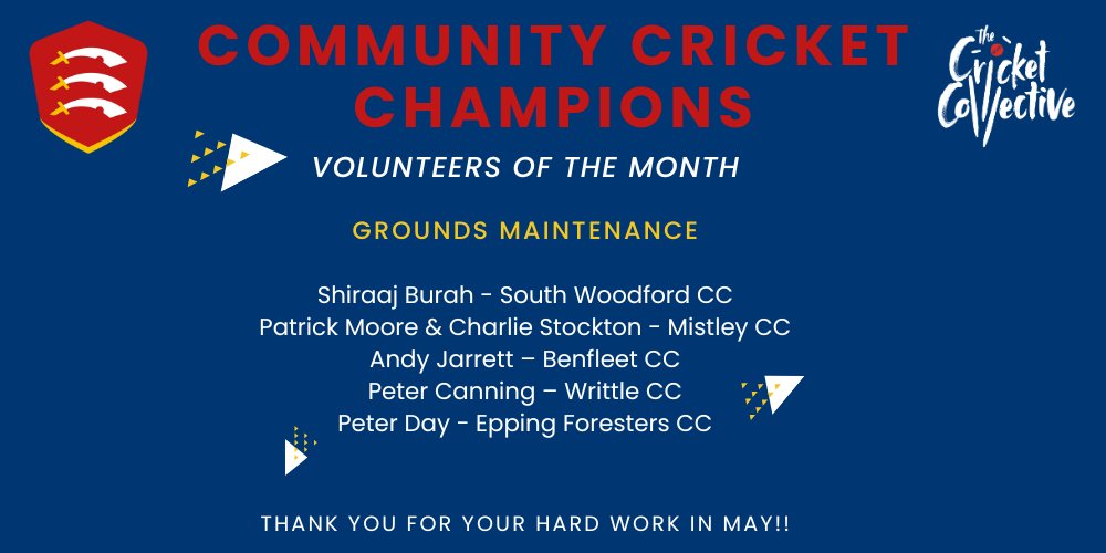 Essex Cricket in the Community (@essexccb) on Twitter photo 👏𝗖𝗼𝗺𝗺𝘂𝗻𝗶𝘁𝘆 𝗖𝗿𝗶𝗰𝗸𝗲𝘁 𝗖𝗵𝗮𝗺𝗽𝗶𝗼𝗻𝘀 👏
Back again for 2024, the month of May celebrated our Grounds Maintenance volunteers
➡️Shiraaj Burah
➡️Patrick Moore & Charlie Stockton
➡️Andy Jarrett
➡️Peter Canning
➡️Peter Day
🗞️tinyurl.com/cccsmay2024 👏𝗖𝗼𝗺𝗺𝘂𝗻𝗶𝘁𝘆 𝗖𝗿𝗶𝗰𝗸𝗲𝘁 𝗖𝗵𝗮𝗺𝗽𝗶𝗼𝗻𝘀 👏
Back again for 2024, the month of May celebrated our Grounds Maintenance volunteers
➡️Shiraaj Burah
➡️Patrick Moore & Charlie Stockton
➡️Andy Jarrett
➡️Peter Canning
➡️Peter Day
🗞️tinyurl.com/cccsmay2024