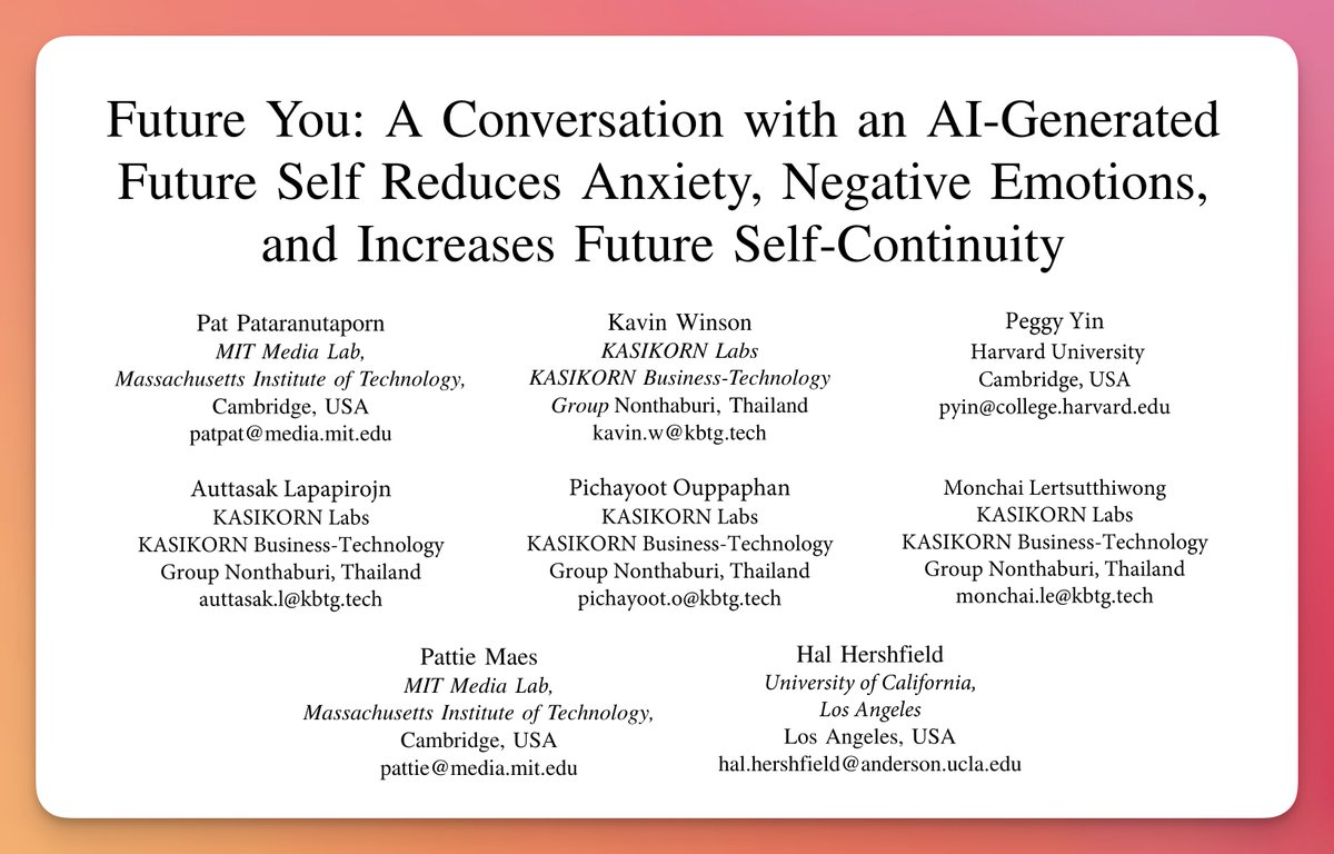 JeremyNguyenPhD's tweet photo. Chatting with an AI-generated "future self" for just 10-30 minutes

- reduces anxiety
- reduces negative emotions

New paper from @patpat_mit and co-authors. Prompt in replies below 👇 https://t.co/WGFdXI1Ynj