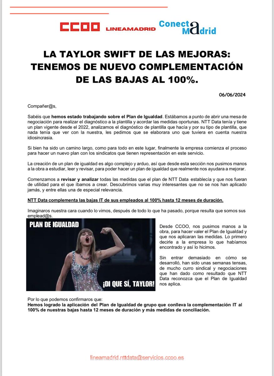CCOOlineamadrid's tweet photo. Tenemos buenisimas noticias, hemos logrado que NTT Data nos aplique su Plan de Igualdad de grupo. Donde entre otras medidas, se complementan las bajas IT al 100%. Logro con el que conseguimos que enfermar no nos cueste dinero. #LineamadridEnLucha https://t.co/cvS4TLkeBw