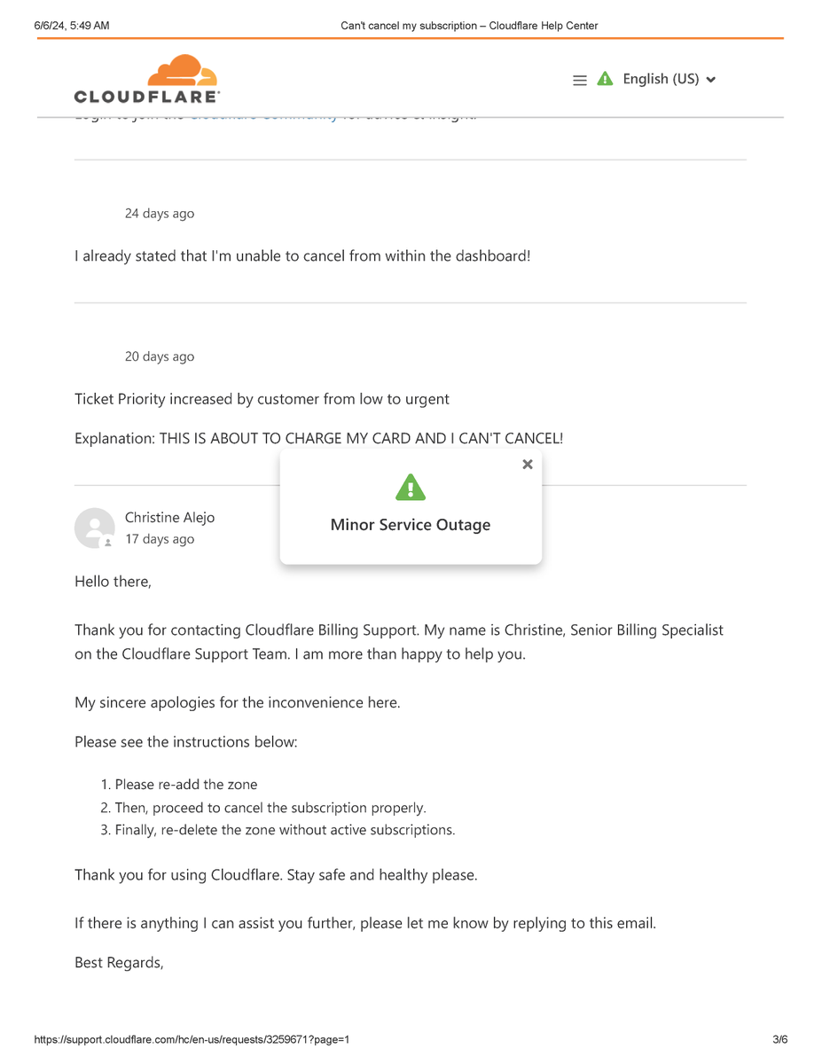 DKTNews's tweet photo. Pathetic, but I've just been informed that @Cloudflare and @CloudflareHelp are a massive pain in the tail if you have a paid subscription you want to cancel. This person has been trying to cancel their subscription since 3 days BEFORE the company charged them last time and now, 24 days later, there is still no resolution.

As their web expert, I absolutely cannot recommend Cloudflare to any of my clients from this point forward.  This client has done everything possible to try to get them to cancel her subscription.  They won't allow her to remove her credit card from their system, they refuse to cancel from their end, instead giving her things to do that do not have any affect on the paid subscription.

1/2