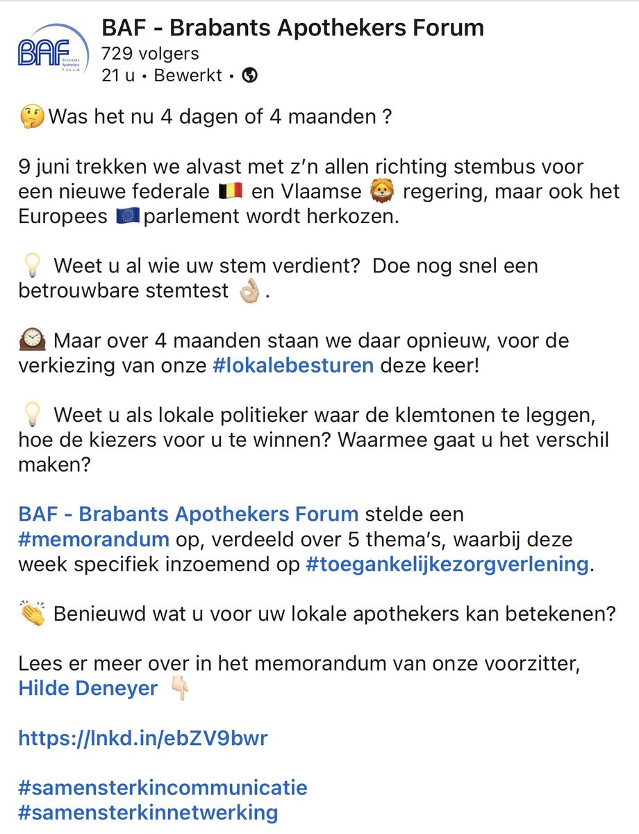 🗳️over enkele dagen gaan we naar de stembus 
🗳️🗳️alvast “onze” aanbevelingen vanuit lokale mal standpunt 
<a href="/baf_tweets/">Brabants Apothekers Forum</a> 🍀