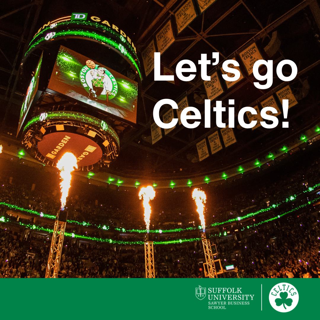 SUBizSchool's tweet image. At @Suffolk_U and the Sawyer Business School, we’re fired up for our partners the Boston @celtics as they begin their quest for an 18th NBA Championship. Go Green!