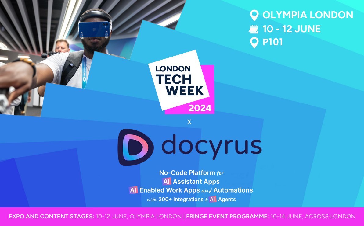 Docyrusapp's tweet photo. 𝗝𝗼𝗶𝗻 𝗨𝘀 𝗮𝘁 𝗟𝗼𝗻𝗱𝗼𝗻 𝗧𝗲𝗰𝗵 𝗪𝗲𝗲𝗸 ! 🌐
We're thrilled to announce that Docyrus will have a pod at London Tech Week from June 10-14! 🚀
Visit us : P101 !
#LondonTechWeek #AI #Innovation #Docyrus #TechConference #Networking https://t.co/C4B4uMJmkf
