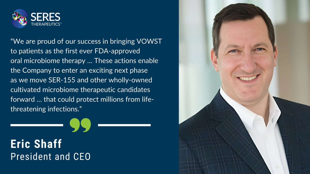 Seres Therapeutics (@serestx) on Twitter photo Today, we entered into an agreement w/ partner <a href="/NestleHealthUS/">NestleHealthScience</a> to acquire Vowst, a deal that allows us to focus on our pioneering mission of advancing revolutionary microbiome therapeutics for as many patients as possible.
ir.serestherapeutics.com/news-releases/… Today, we entered into an agreement w/ partner <a href="/NestleHealthUS/">NestleHealthScience</a> to acquire Vowst, a deal that allows us to focus on our pioneering mission of advancing revolutionary microbiome therapeutics for as many patients as possible.
ir.serestherapeutics.com/news-releases/…
