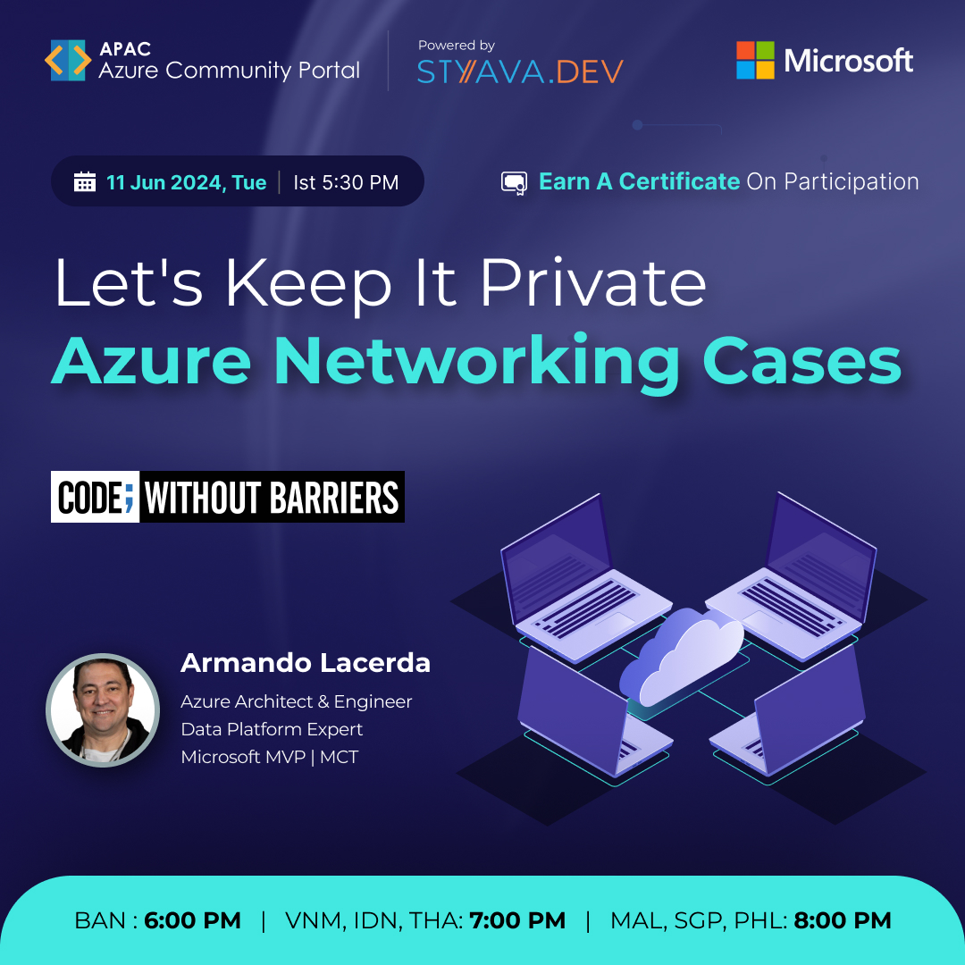 StyavaD's tweet image. Join us for a journey into the world of cloud networking setups. 

Armando Lacerda, a renowned Azure Architect &amp;amp; Engineer, is ready to unveil the secrets of connecting the layers of applications. 

Register: smpl.is/97jby

#CloudNetworking #AzureExpert