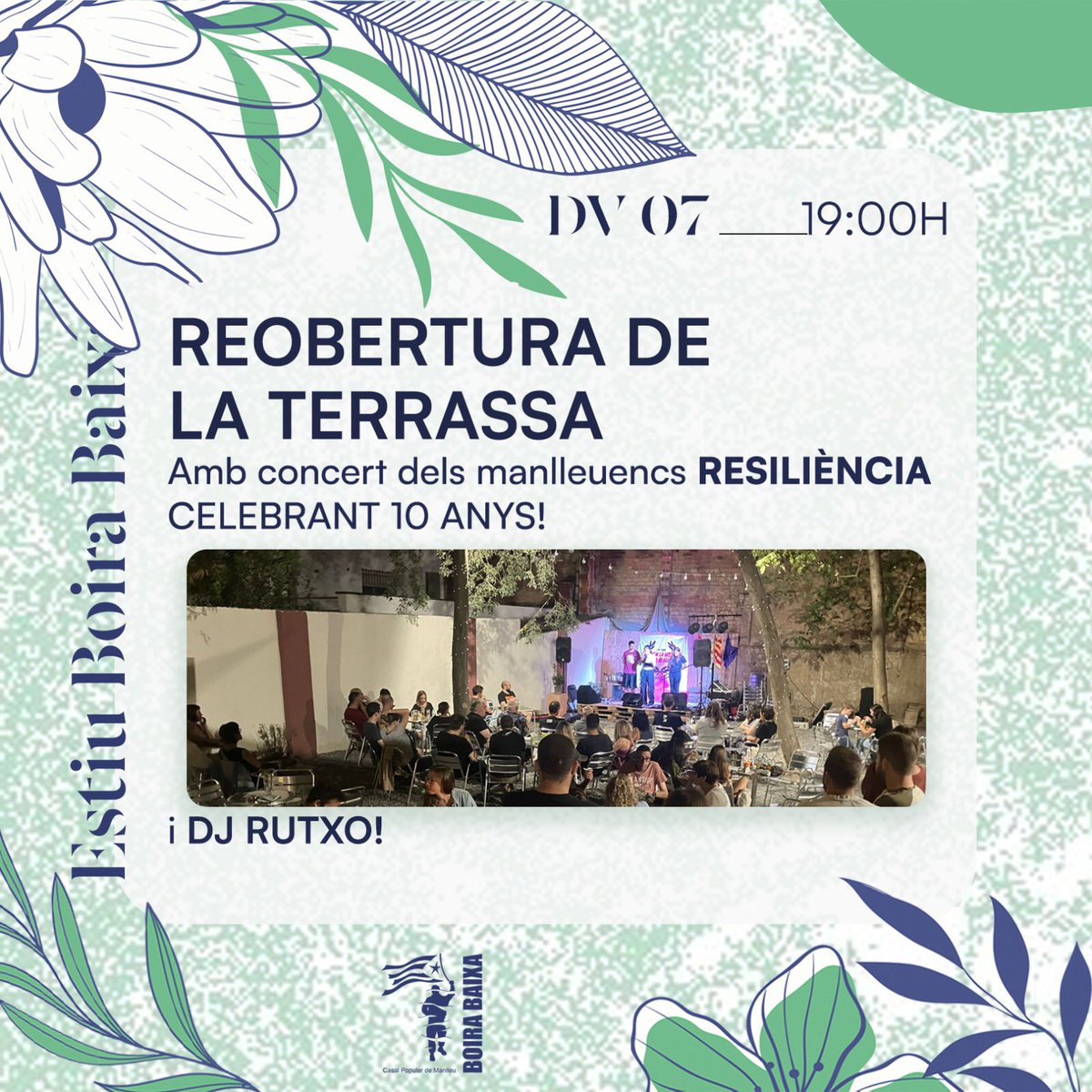 🥳 Aquest cap de setmana reobrim la terrassa del nou Casal!

📆Demà divendres 7 de juny.

🎵A partir de les 21h música amb Dj Rutxo.

🎤 I a les 22.30h concert de <a href="/resiliencia_rap/">Resiliència</a> celebrant els seus 10 anys!