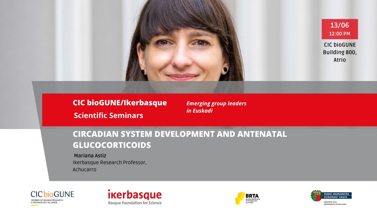 Ikerbasque (@ikerbasque) on Twitter photo 🔴Next seminar in collaboration with <a href="/CICbioGUNE/">CIC bioGUNE</a>: on Thursday, June 13th, with Mariana Astiz <a href="/Astizlab/">Mariana Astiz</a>,
<a href="/Ikerbasque/">Ikerbasque</a> researcher at <a href="/AchucarroGlia/">Ʌʗʜʋʗɑɼɼʘ</a>: Circadian system development and antenatal glucocorticoids. #circadiansystem 🔴Next seminar in collaboration with <a href="/CICbioGUNE/">CIC bioGUNE</a>: on Thursday, June 13th, with Mariana Astiz <a href="/Astizlab/">Mariana Astiz</a>,
<a href="/Ikerbasque/">Ikerbasque</a> researcher at <a href="/AchucarroGlia/">Ʌʗʜʋʗɑɼɼʘ</a>: Circadian system development and antenatal glucocorticoids. #circadiansystem