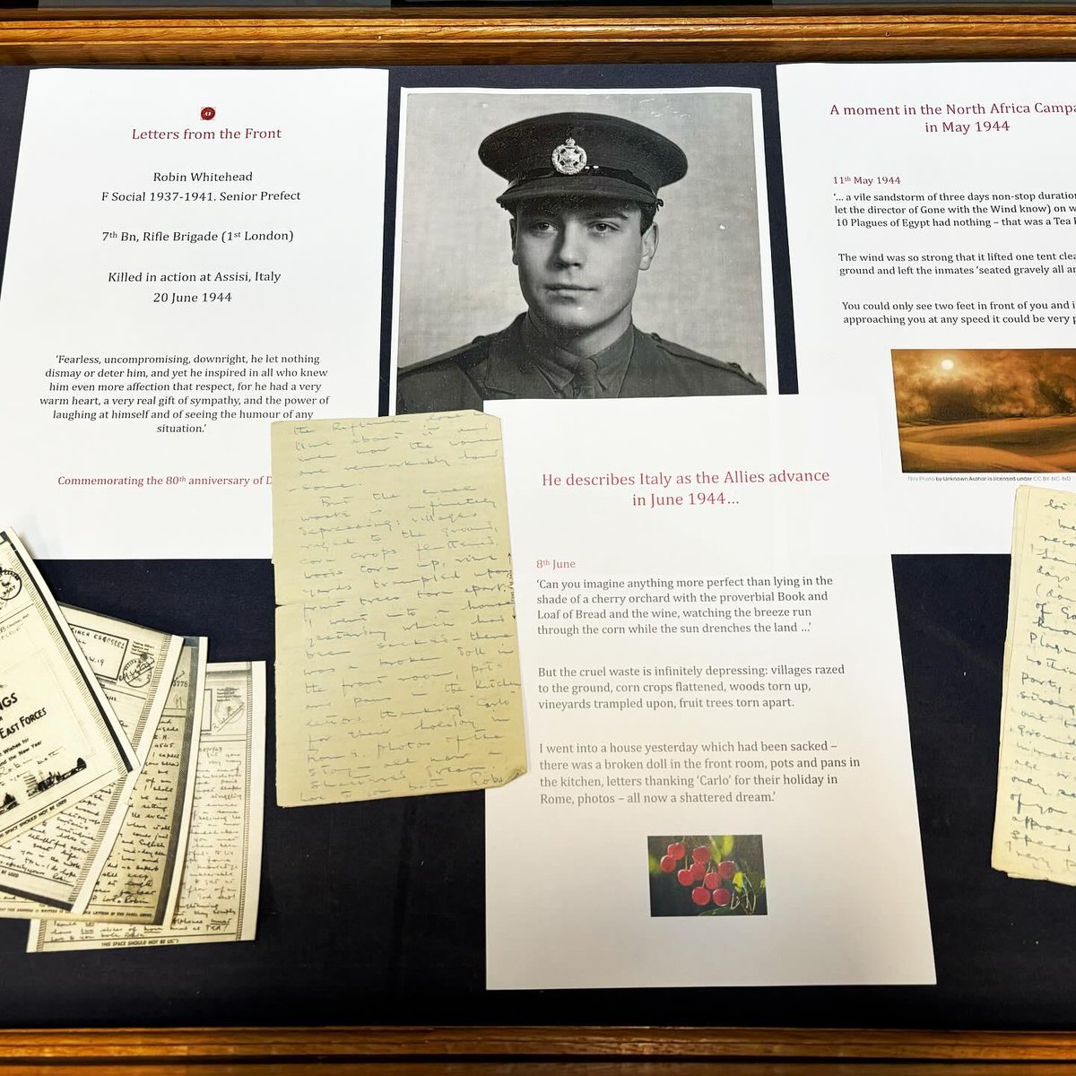 For the 80th anniversary of D-Day, there's a Radley exhibition with letters sent from the Front, notices from the school (inc. advice to shelter under the bank if you are caught rowing during an air raid) and the DFC awarded to history don Jimmy Moss. 
<a href="/RadleyArchives/">Radley College Archives</a> #DDay #WWII