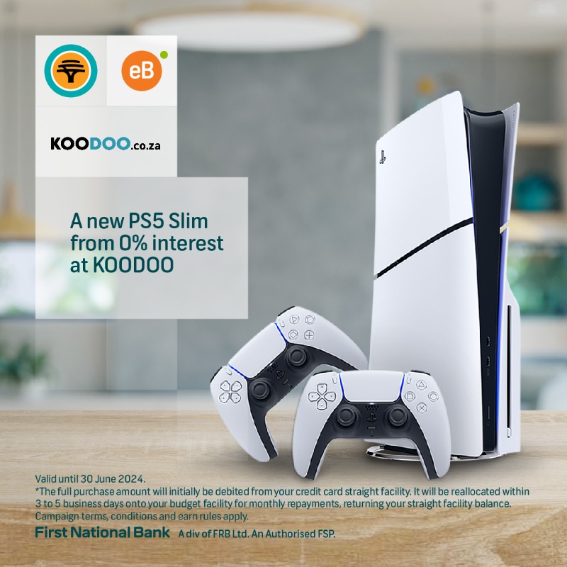 FNBSA's tweet photo. Gamers, where you at? 🎮  Buy a PS5 Slim at KOODOO using your FNB Credit Card budget facility and pay as little as 0% interest over 12 or 24 months 🚛 Plus, earn 2% back in eBucks on your spend! 💰 #eBucks #PS5 #KooDoo