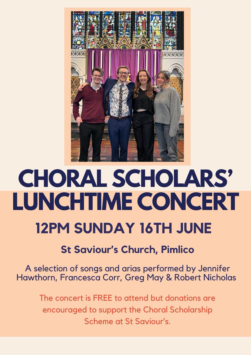 Our wonderful choral scholars are putting on a concert on Sunday 16 June - all are welcome! 🎵 <a href="/StSavioursMusic/">Music at St Saviour’s Pimlico</a>