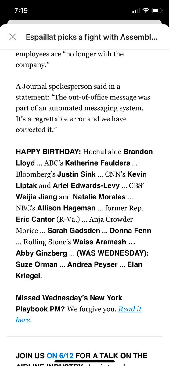 SCOOPLET: The Wall Street Journal employee union has complained to the legal department of the paper to get them to change out-of-office emails that the paper wrote for laid-off employees that falsely appeared to be written by them, a union rep. told me. politico.com/newsletters/ne…