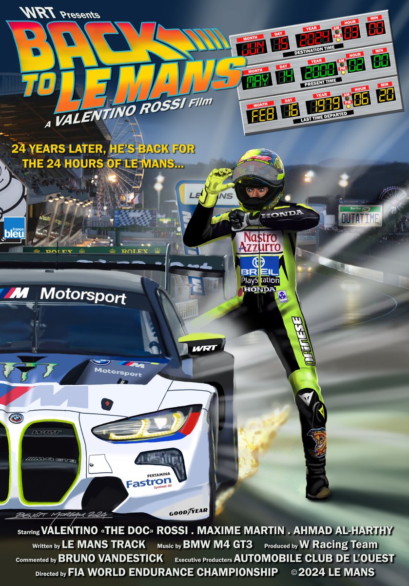 "if you're gonna build a time machine into a car, why not do it with some style ?" Welcome back to Le Mans <a href="/ValeYellow46/">Valentino Rossi</a> ! <a href="/followWRT/">WRT - W Racing Team</a> <a href="/24hoursoflemans/">24 Hours of Le Mans</a> <a href="/BMWMotorsport/">BMW M Motorsport</a> <a href="/FIAWEC/">FIA World Endurance Championship</a> <a href="/brunovandestick/">Bruno Vandestick</a> #backtothefuture