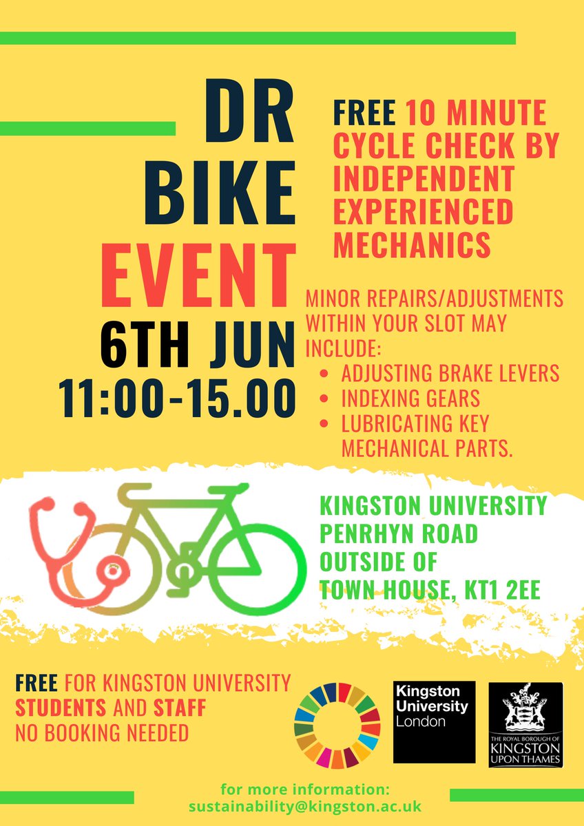 KUsustainable's tweet photo. Dr Bike is on campus today 11:00 - 15:00 @KingstonUni Town House, PR. Bring your bike for a FREE cycle check by our Dr Bike experts.

#sustainabletravel #sustainability #bike #DrBike https://t.co/kORXNYqJ76
