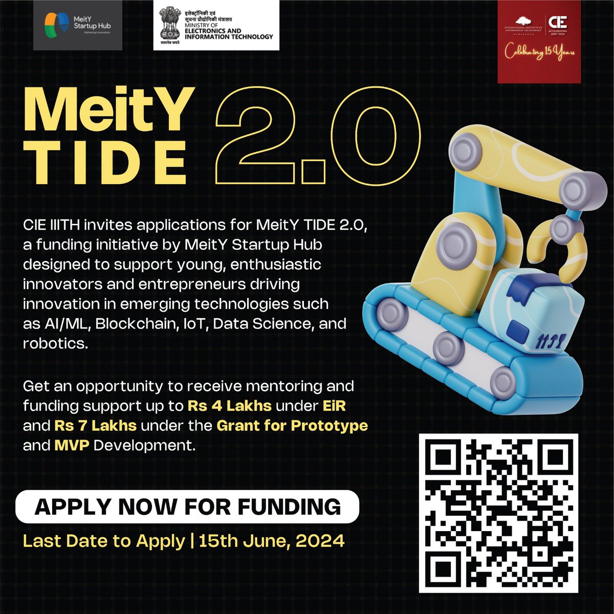 cieatiiithyd's tweet photo. Calling all innovators! 🌟 CIE IIITH presents MeitY TIDE 2.0, a golden opportunity for trailblazing minds in AI/ML, Blockchain, IoT, Data Science, and Robotics.

Apply Now: https://t.co/VdGCT7O9zF

Find out more at: https://t.co/H5NHS2JAXE

#CIE #IIITHYD #Blockchain #DataScience https://t.co/YOX5zcrdH4