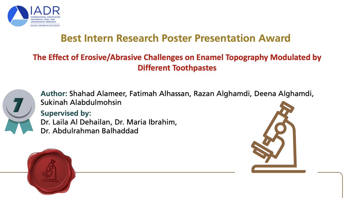 Congratulations to the 7th Place Winners 🏅

Dr. Shahad Alameer
Dr. Fatimah Alhassan
Dr. Razan Alghamdi
Dr. Deena Alghamdi
Dr. Sukinah Alabdulmohsin

Title: The Effect of Erosive/Abrasive Challenges on Enamel Topography Modulated by Different Toothpastes

Supervised by:
Dr. Laila