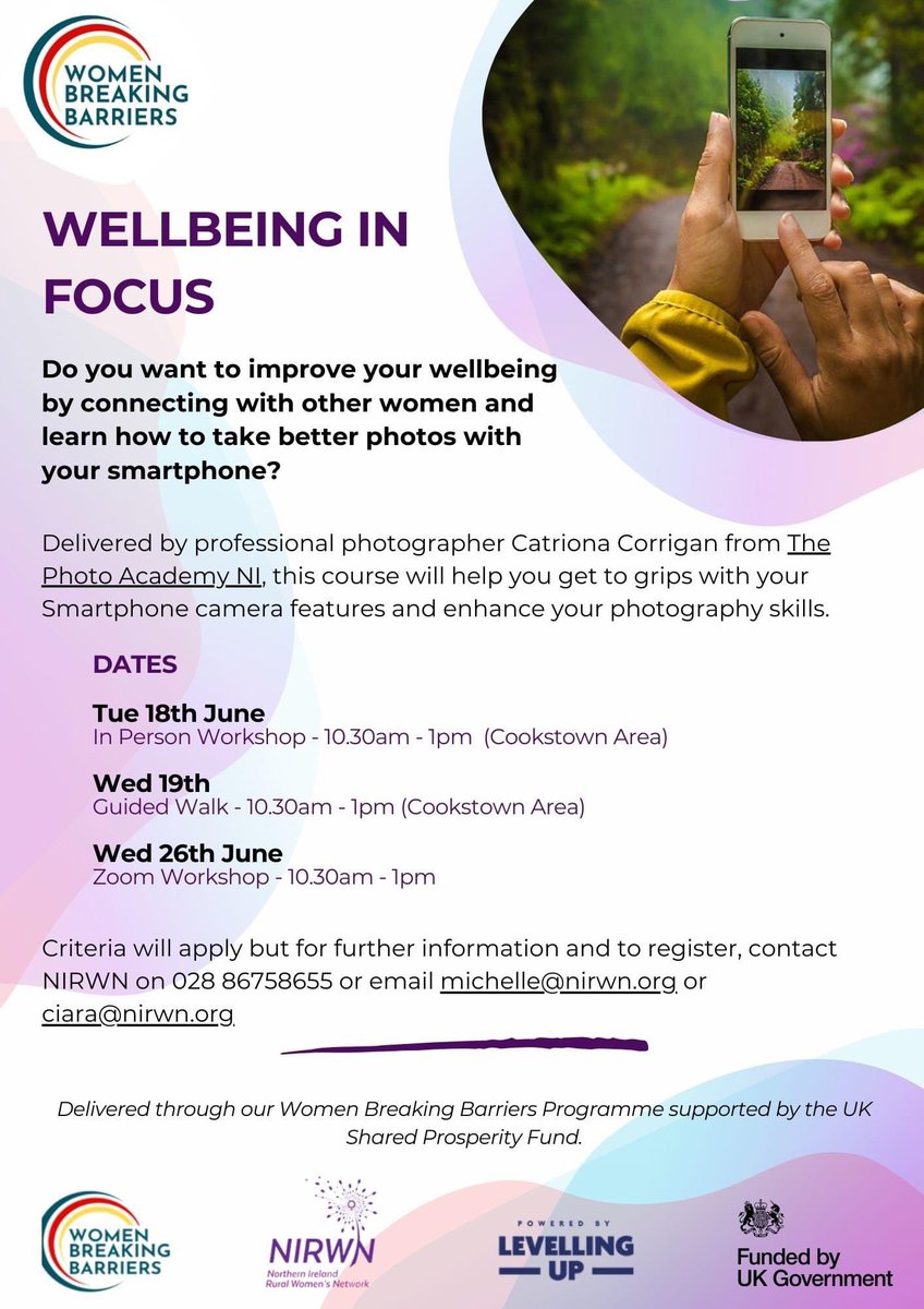 nirwnnews's tweet photo. 📸 Wellbeing in Focus📸
Want to improve your wellbeing? Develop your skills to make the most use out of camera on your smartphone whilst focussing on your personal wellbeing and connecting with nature and other women 
Don't miss out on this fabulous course
#WellbeinginFocus https://t.co/6Zegf8scWT