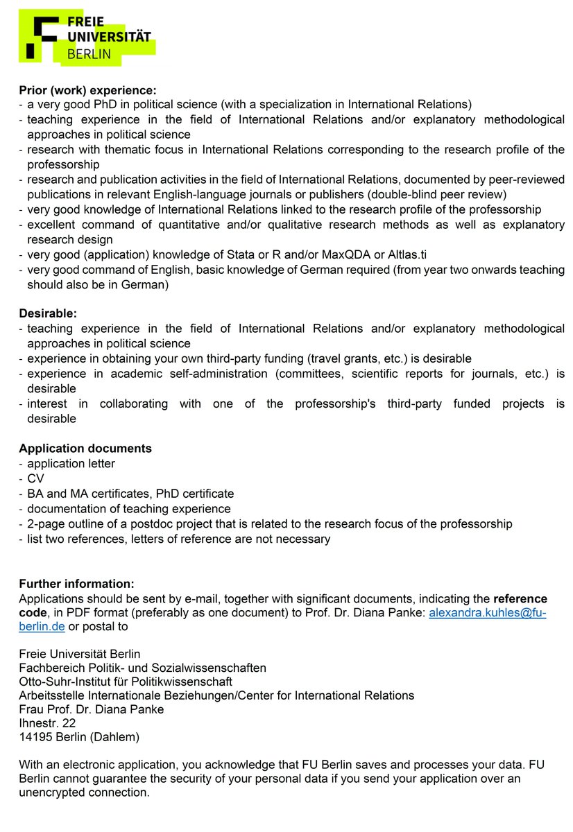 Sören Stapel (@sostapel) on Twitter photo #CfA postdoc researcher in International Relations
<a href="/FU_Berlin/">Freie Universität</a>
Full-time position, up to 6 years, involves teaching, and ample opportunities for collaboration in a research-active team. More info: fu-berlin.de/universitaet/b…
Deadline: 24 June 2024
#poliscijobs #psjminfo <a href="/ECIB_DVPW/">DVPW Early Career-Gruppe Int. Beziehungen</a> #CfA postdoc researcher in International Relations
<a href="/FU_Berlin/">Freie Universität</a>
Full-time position, up to 6 years, involves teaching, and ample opportunities for collaboration in a research-active team. More info: fu-berlin.de/universitaet/b…
Deadline: 24 June 2024
#poliscijobs #psjminfo <a href="/ECIB_DVPW/">DVPW Early Career-Gruppe Int. Beziehungen</a>