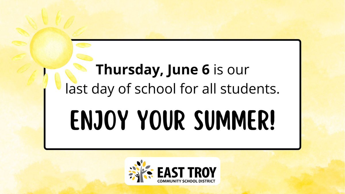 ETCSD's tweet photo. Today is the last day of school for all students. Thank you for a wonderful 2023-24 school year, and we hope you enjoy your summer! 🌞 

See you again soon!  😎 #ETlearningignitED https://t.co/FF9VB6sKtC