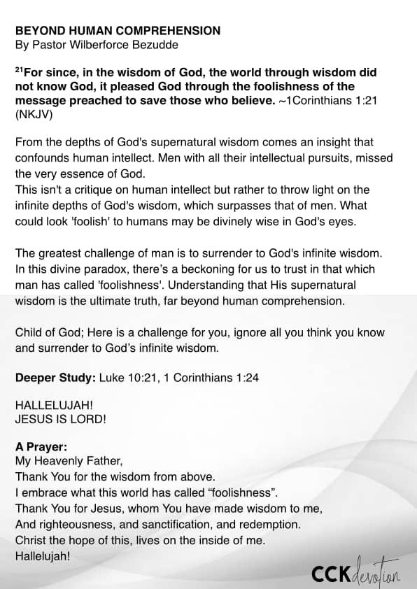 citychurchkla's tweet photo. CCK DAILY DEVOTIONAL BY DR. WILBERFORCE BEZUDDE

@bezudde 

#BeyondHumanComprehension
#NothingMissingNothingBroken https://t.co/wQ7fA7OAmU