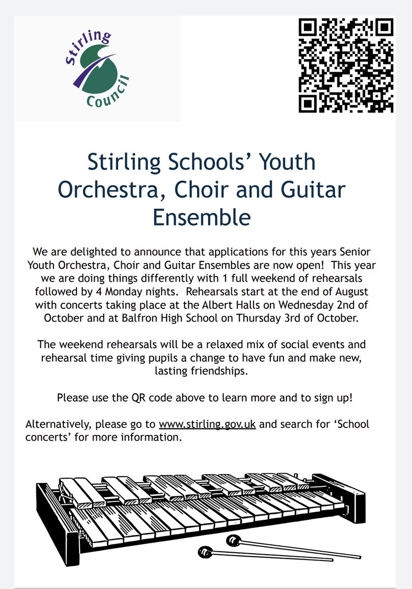 Every year Stirling Council run an Orchestra, Choir and Guitar Ensemble for pupils in all 7 Stirling Council Secondary Schools. This year it involves a weekend rehearsing at Stirling High, 4 Monday evening rehearsals and then 2 concerts in October. Sign up ASAP!! @DunblaneHS