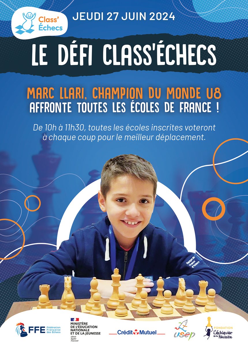 ffechecs's tweet image. Le prodige Marc Llari va affronter les écoliers de la France entière jeudi 27 juin à 10h !
Cet événement marquera la fin de la 2e année de Class'Échecs, en offrant aux élèves une expérience inoubliable face au champion du monde 2022 des moins de 8 ans !
echecs.asso.fr/Actu.aspx?Ref=…