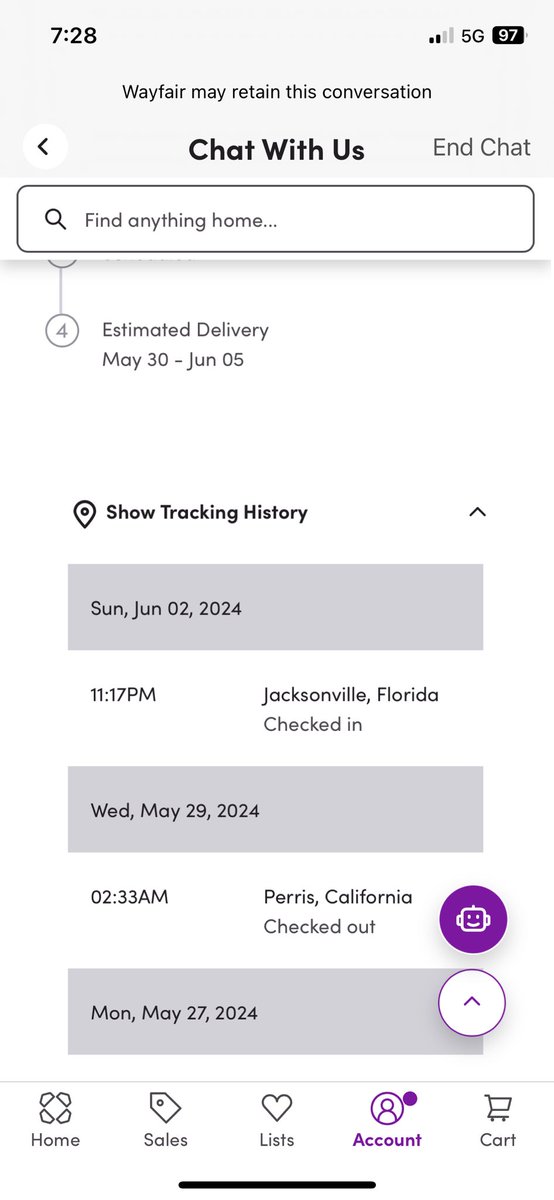 djfstl's tweet photo. @Wayfair 
Hey, @Wayfair, does this seem right to you?  My dresser has been hanging out in Jacksonville FL instead of being delivered to me.  The delivery is now late. Please do better. https://t.co/ErMg0WY3e6