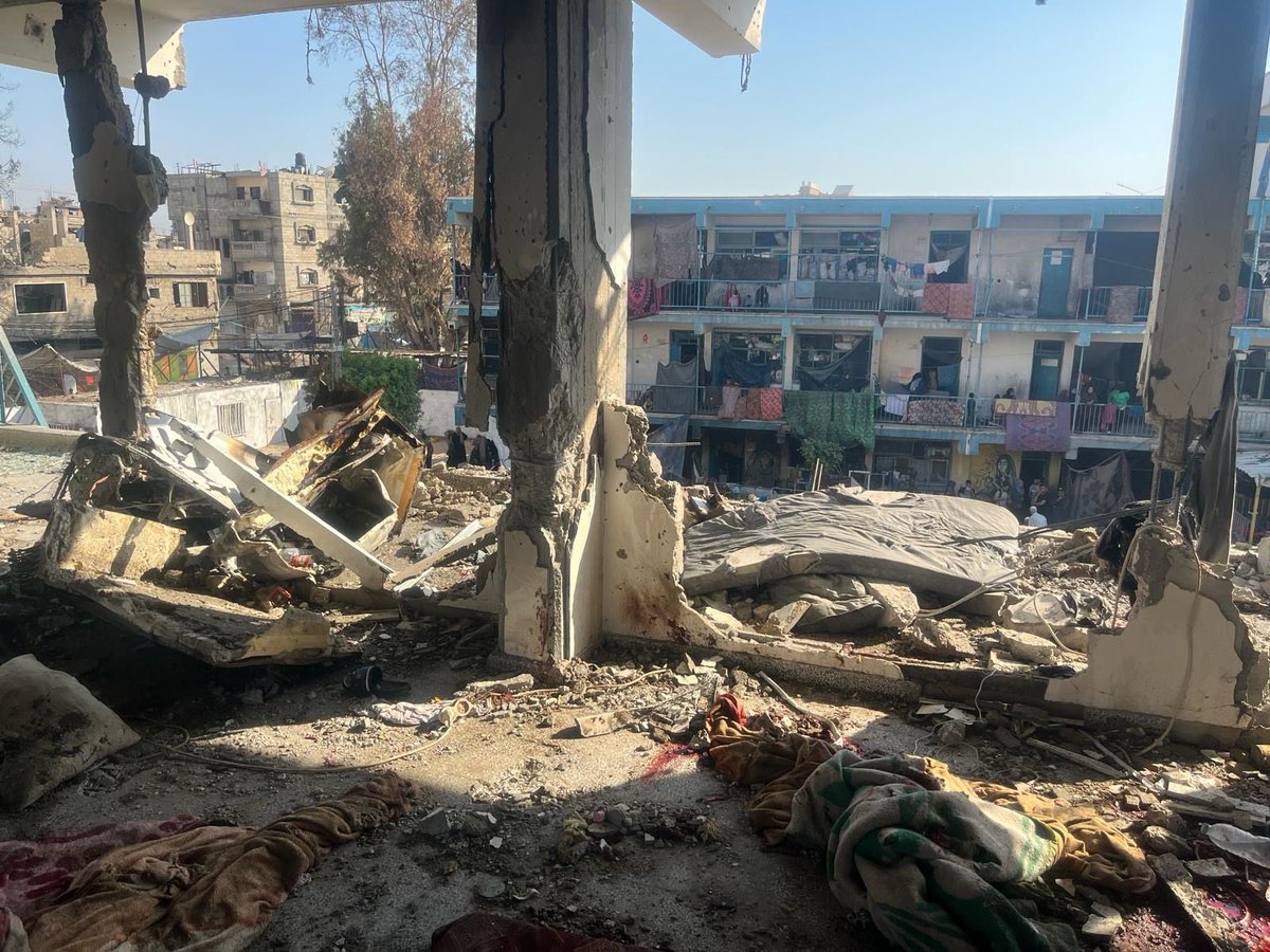 Another horrific day in #Gaza. 
Another <a href="/UNRWA/">UNRWA</a> school turned shelter attacked. 
This time  in Nuseirat, in the Middle Areas, hit overnight by the Israeli Forces without prior warning to the displaced or <a href="/UNRWA/">UNRWA</a>.

At least  35 people were killed and many more injured. 

The school