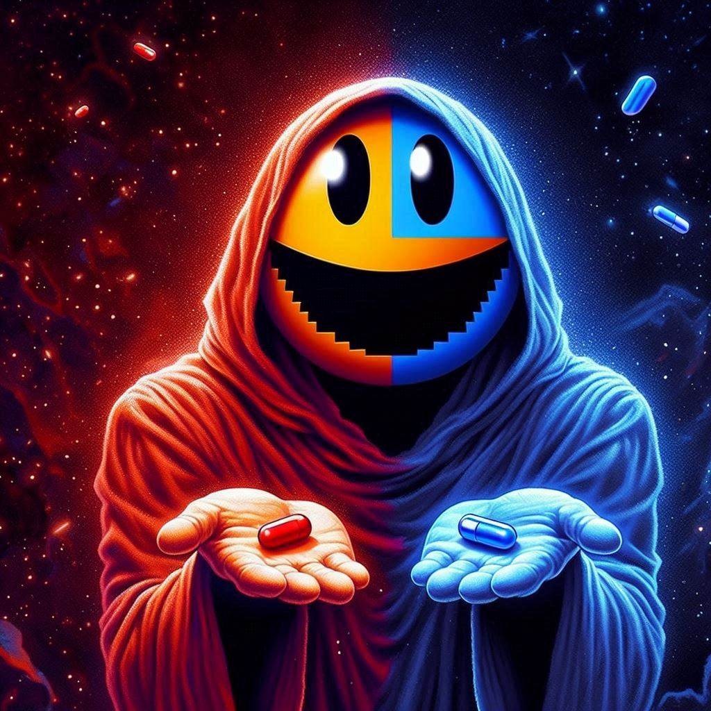 1BTC1M's tweet photo. Choose your pill wisely, because there will be no way back. @pacmoon_ https://t.co/MIBEVkuDsj